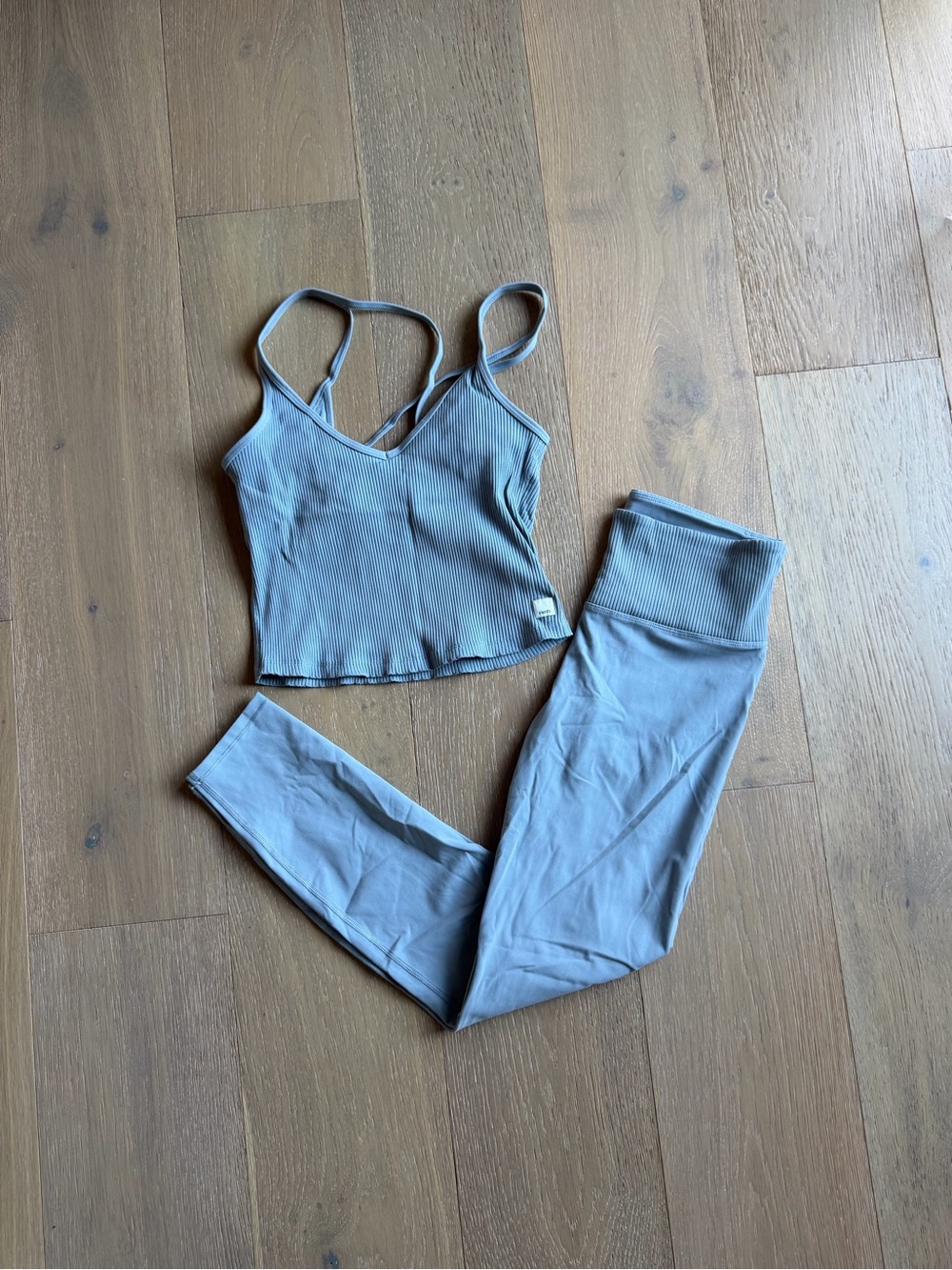 Vuori Ribbed Crop Tank & High-Waist Leggings Set - Light Blue Gray